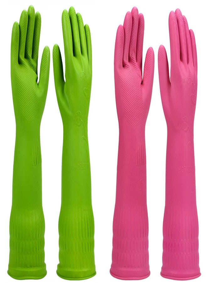 IUCGE Dishwashing gloves 2 Pairs for kitchen,Rubber cleaning gloves,Long dish gloves reuseable.(Medium,Green+Pink) - Image 1